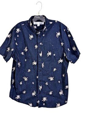 Old Navy Mens Large Button Down Short Sleeve Space Astronaut Slim Fit Navy Blue